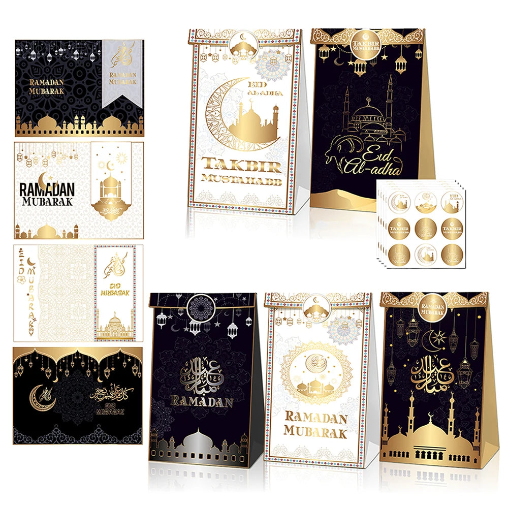 12pcs Eid Mubarak Gift Bags with Stickers Cookie Candy Packaging Box Islamic Festival Ramadan Mubarak Eid al-Fitr Party Supplies