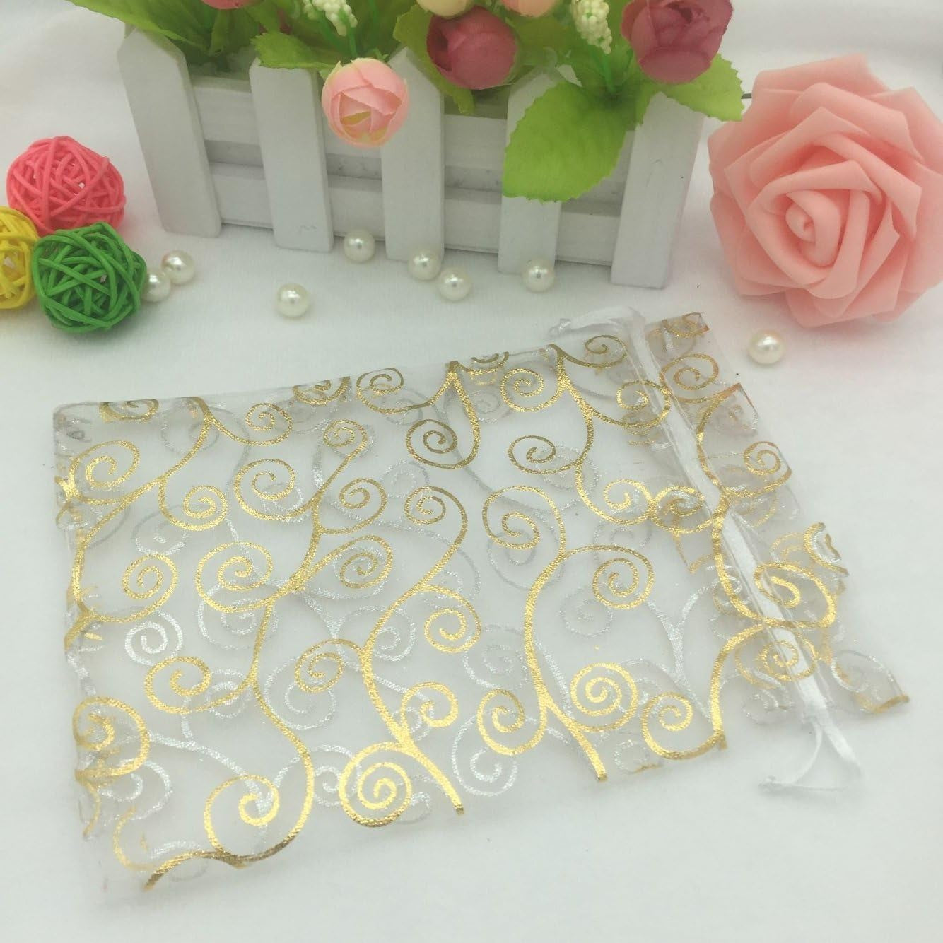 100Pcs Sheer Organza Favor Bags for Wedding Baby Shower Rattan Print Gift Bags Samples Display Drawstring Pouches (3X4 Inch, White)