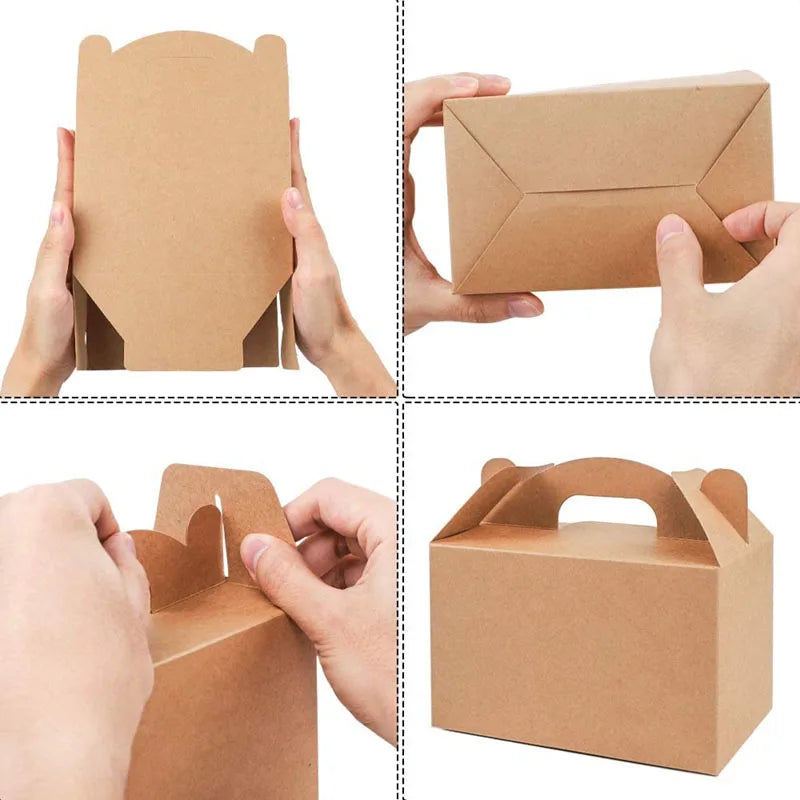 12pcs Kraft Paper Cake Folding Boxes with Handle Brown Christmas Paper Candy Gable Box Cupcake Sweet Package Craft Gift Wrapping