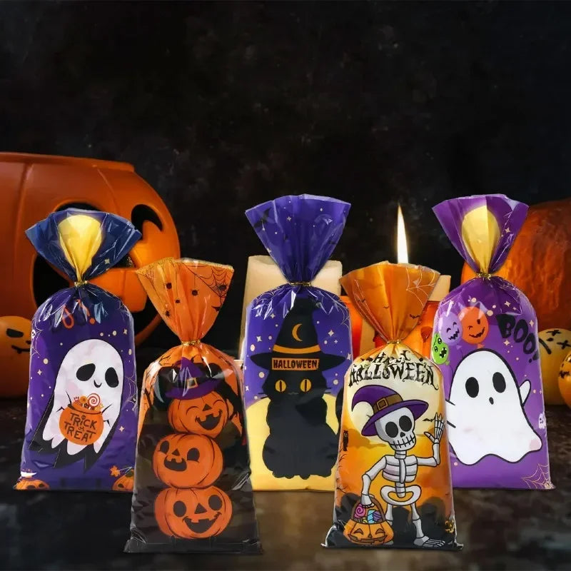 50/100pcs Halloween Ghost Cat Gift Bags Candy Cookie Packaging Bags Trick Or Treat 2024 Happy Halloween Party Decor Supplies