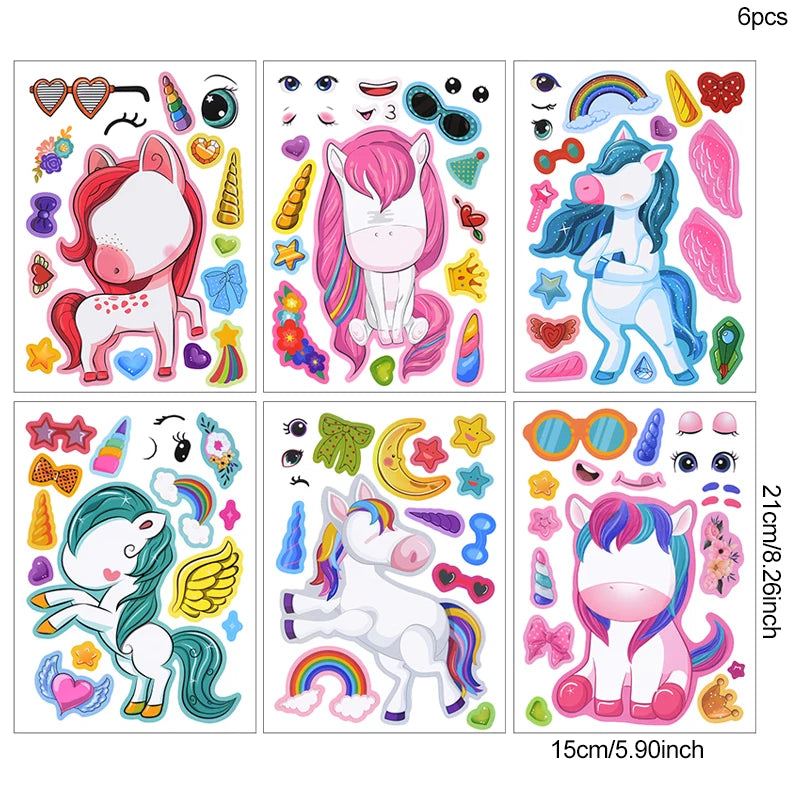 6/12Sheet Unicorn DIY Puzzle Sticker Make A Face Creative Assemble Jigsaw Puzzle Stickers Kids Toys Boys Girls Gift