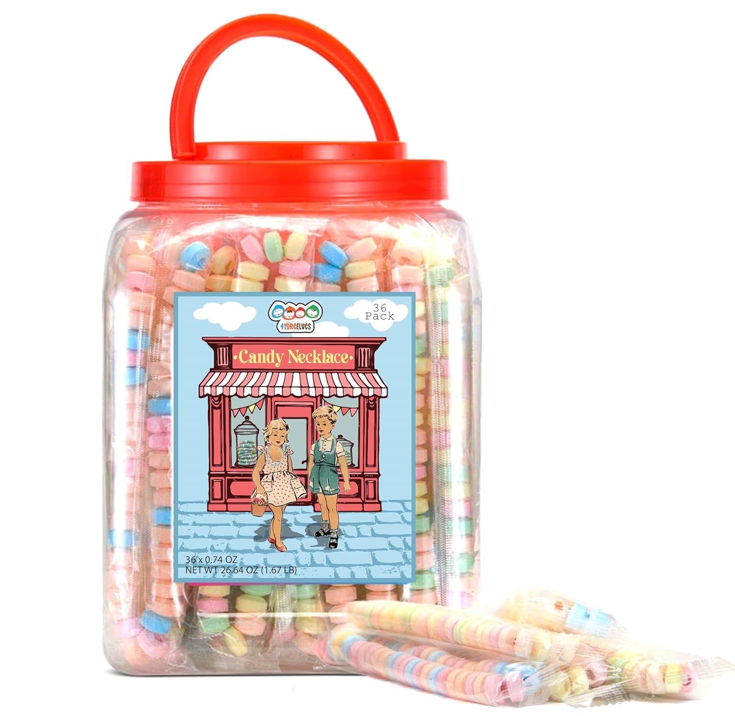 36 Candy Necklaces Individually Wrapped, Choker Style, Nostalgic Pastel Candy Jewelry Perfect for Party Favors, Pinata Fillers and Goodie Bags, Packed in a Convenient Display Tub, by