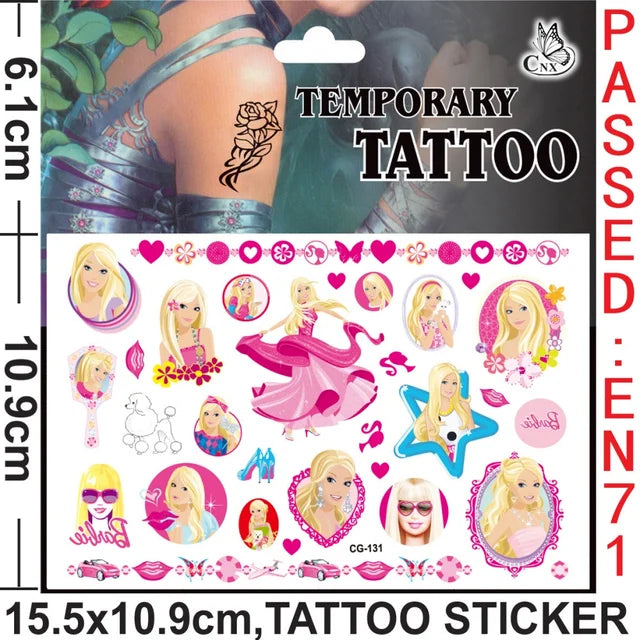 1/3/5 Sheet Barbie Tattoo Sticker Waterproof Original Pink Princess Sticker Birthday Party Supplies Decorations Kids Girls Gifts