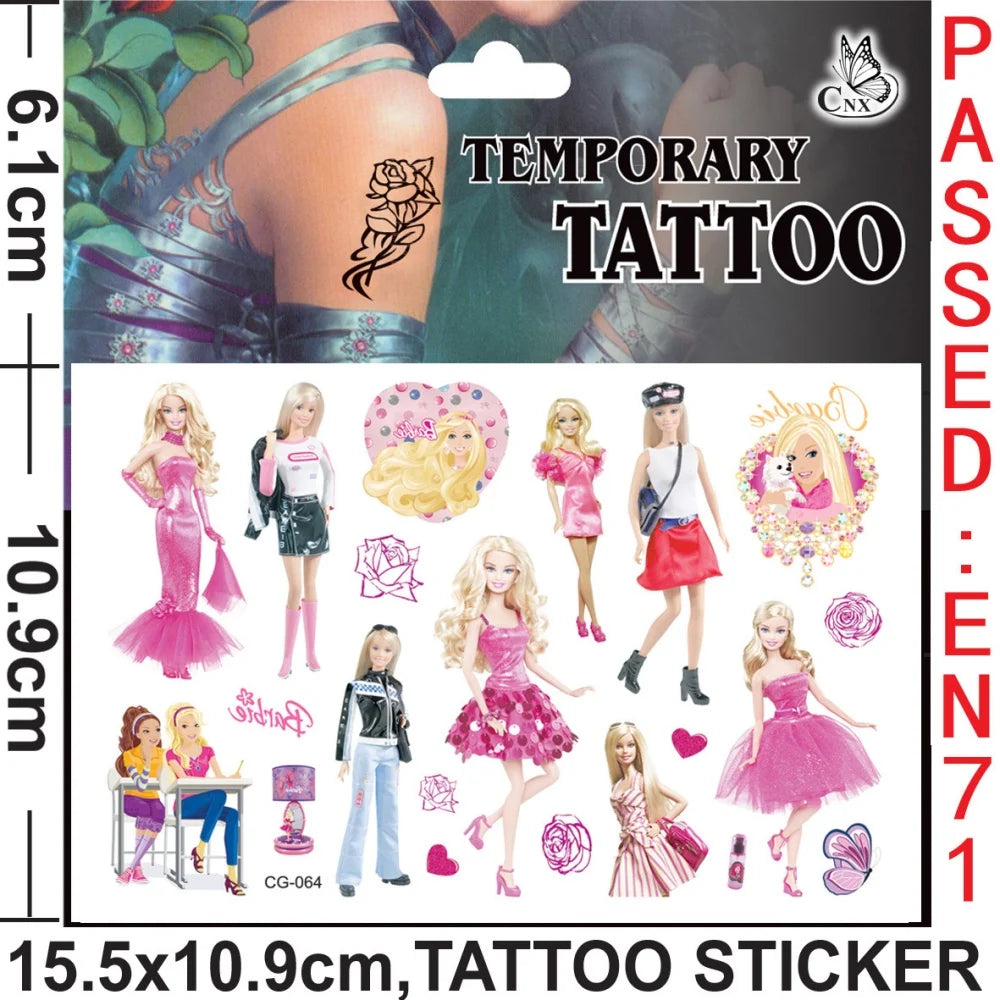 1/3/5 Sheet Barbie Tattoo Sticker Waterproof Original Pink Princess Sticker Birthday Party Supplies Decorations Kids Girls Gifts