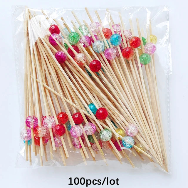 100/50Pcs Wedding Pearl Disposable Bamboo Skewers Wooden Cocktail Picks Fruit Picks Snack Fork Skewer Wedding Party Supplies