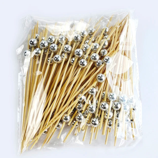 100/50Pcs Wedding Pearl Disposable Bamboo Skewers Wooden Cocktail Picks Fruit Picks Snack Fork Skewer Wedding Party Supplies