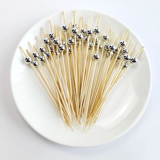 100/50Pcs Wedding Pearl Disposable Bamboo Skewers Wooden Cocktail Picks Fruit Picks Snack Fork Skewer Wedding Party Supplies