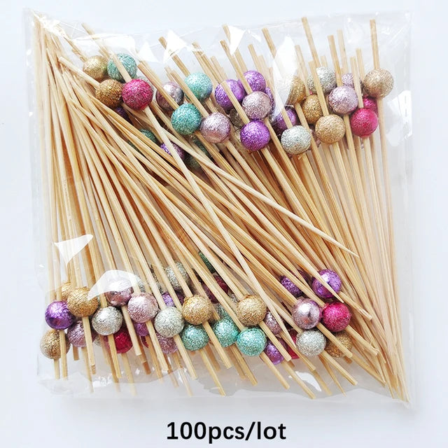 100/50Pcs Wedding Pearl Disposable Bamboo Skewers Wooden Cocktail Picks Fruit Picks Snack Fork Skewer Wedding Party Supplies