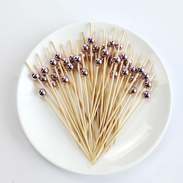 100/50Pcs Wedding Pearl Disposable Bamboo Skewers Wooden Cocktail Picks Fruit Picks Snack Fork Skewer Wedding Party Supplies