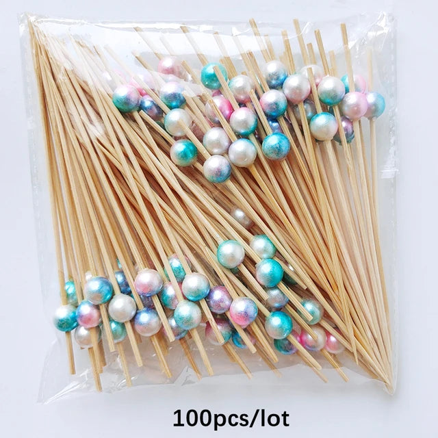 100/50Pcs Wedding Pearl Disposable Bamboo Skewers Wooden Cocktail Picks Fruit Picks Snack Fork Skewer Wedding Party Supplies