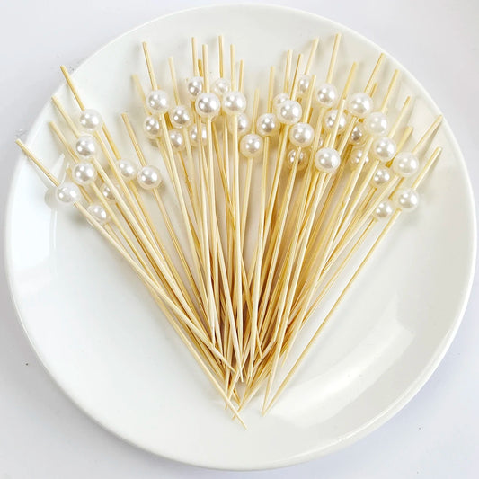 100/50Pcs Wedding Pearl Disposable Bamboo Skewers Wooden Cocktail Picks Fruit Picks Snack Fork Skewer Wedding Party Supplies