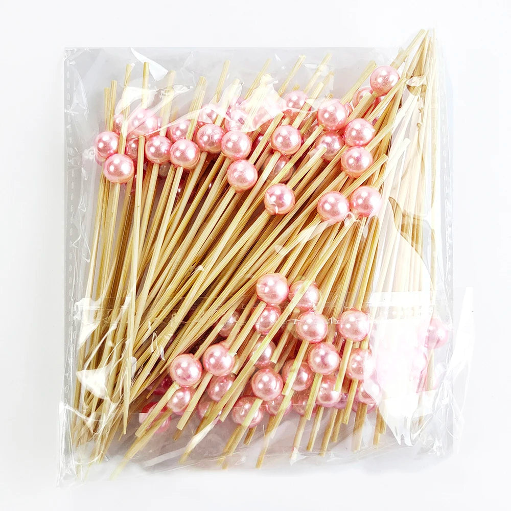 100/50Pcs Wedding Pearl Disposable Bamboo Skewers Wooden Cocktail Picks Fruit Picks Snack Fork Skewer Wedding Party Supplies