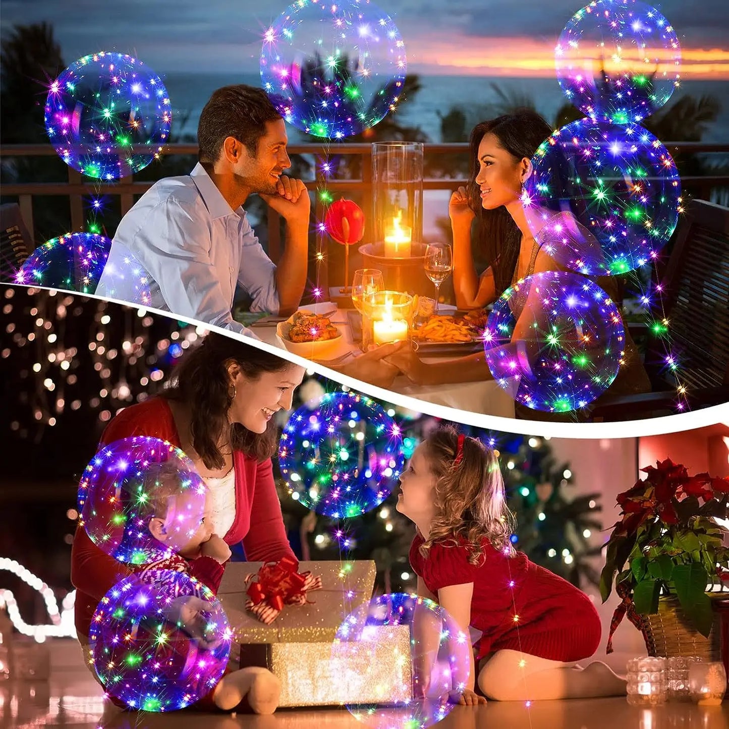 10Pcs LED Light Up Bobo Balloons Transparent Balloons with 3M String Lights Bubble Ballon Christmas Wedding Colorful Warm Decor