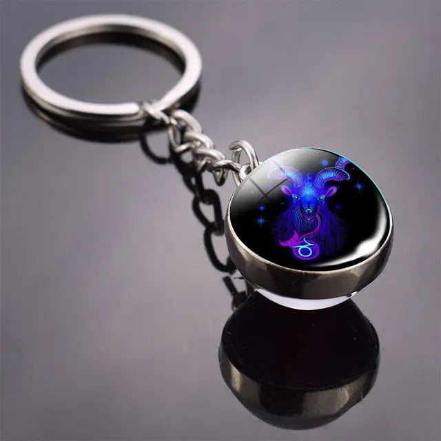 12 Constellation Key Chain Luminous Double Sided Glass Ball Pendant 12 Zodiac Key Chain Fashion Birthday Gift for Men and Women