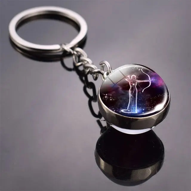 12 Constellation Key Chain Luminous Double Sided Glass Ball Pendant 12 Zodiac Key Chain Fashion Birthday Gift for Men and Women