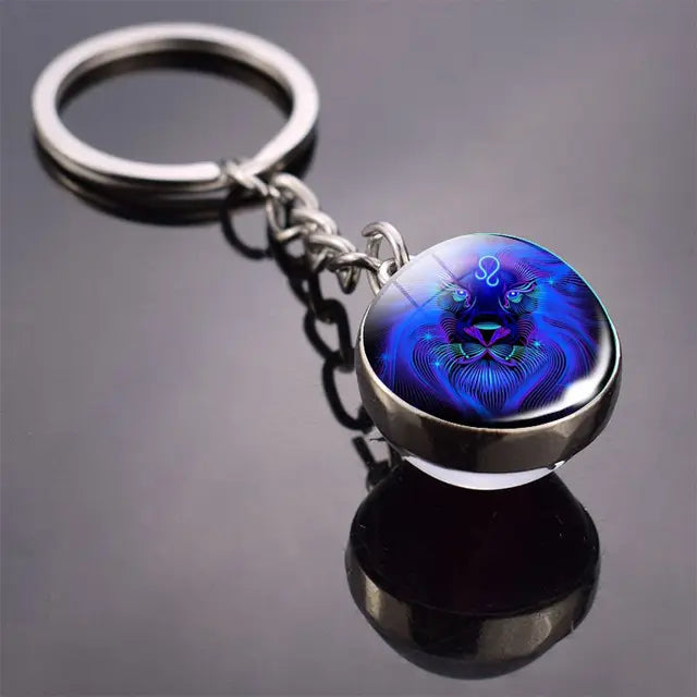 12 Constellation Key Chain Luminous Double Sided Glass Ball Pendant 12 Zodiac Key Chain Fashion Birthday Gift for Men and Women