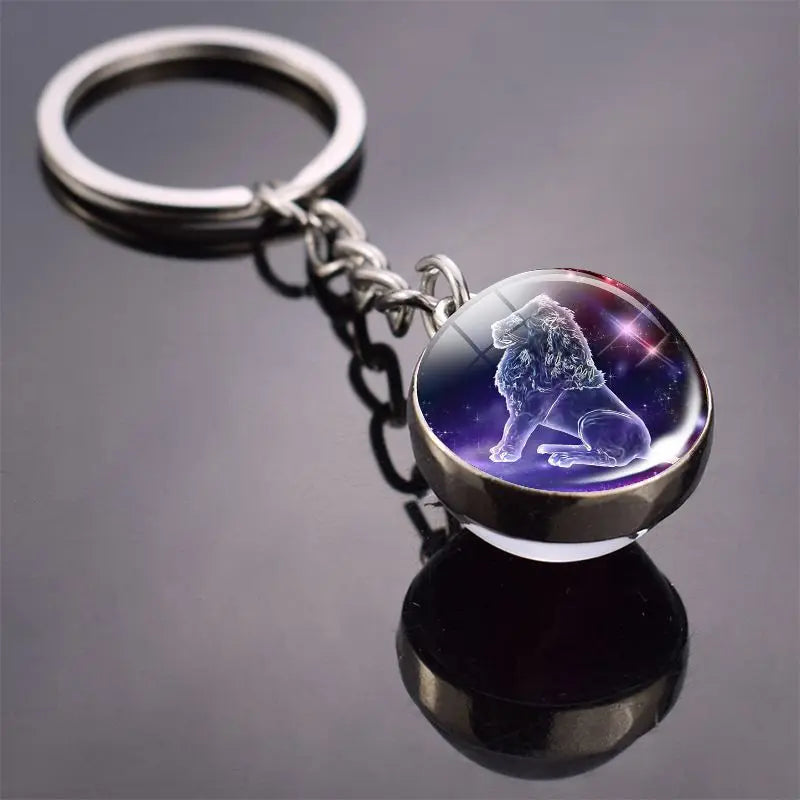 12 Constellation Key Chain Luminous Double Sided Glass Ball Pendant 12 Zodiac Key Chain Fashion Birthday Gift for Men and Women