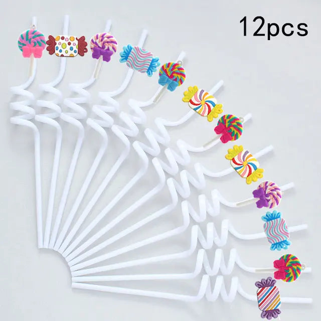 12pcs Reusable Lollipop Candy Themed Beverage Plastic Straws, 10.24 Inch Crazy Spiral Straws for Kids Birthday Party Gifts