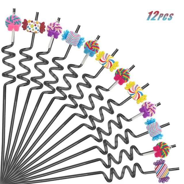 12pcs Reusable Lollipop Candy Themed Beverage Plastic Straws, 10.24 Inch Crazy Spiral Straws for Kids Birthday Party Gifts