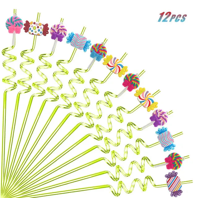 12pcs Reusable Lollipop Candy Themed Beverage Plastic Straws, 10.24 Inch Crazy Spiral Straws for Kids Birthday Party Gifts