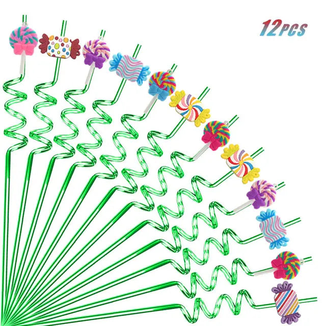 12pcs Reusable Lollipop Candy Themed Beverage Plastic Straws, 10.24 Inch Crazy Spiral Straws for Kids Birthday Party Gifts