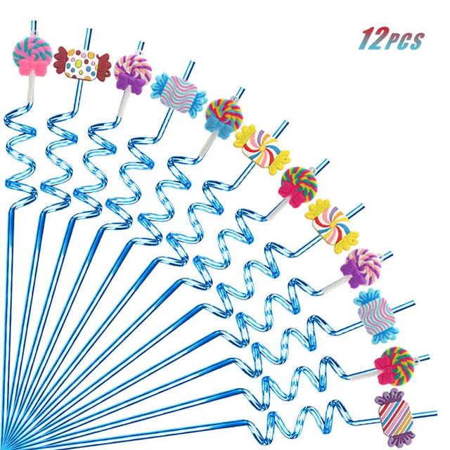 12pcs Reusable Lollipop Candy Themed Beverage Plastic Straws, 10.24 Inch Crazy Spiral Straws for Kids Birthday Party Gifts