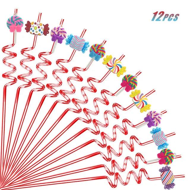 12pcs Reusable Lollipop Candy Themed Beverage Plastic Straws, 10.24 Inch Crazy Spiral Straws for Kids Birthday Party Gifts