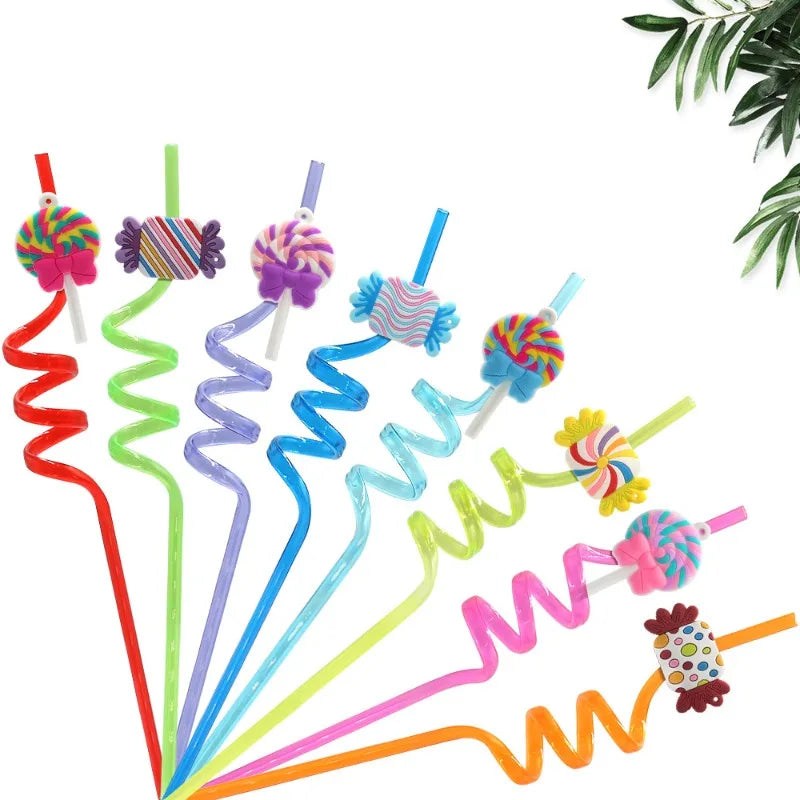 12pcs Reusable Lollipop Candy Themed Beverage Plastic Straws, 10.24 Inch Crazy Spiral Straws for Kids Birthday Party Gifts