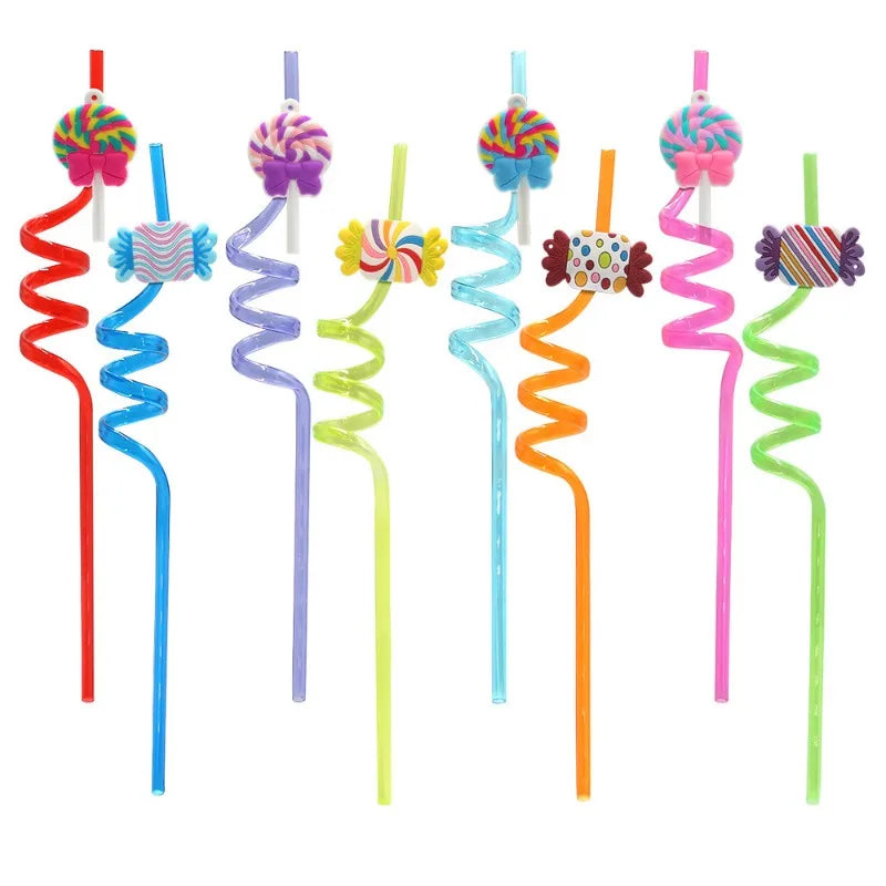 12pcs Reusable Lollipop Candy Themed Beverage Plastic Straws, 10.24 Inch Crazy Spiral Straws for Kids Birthday Party Gifts