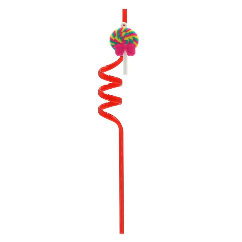 12pcs Reusable Lollipop Candy Themed Beverage Plastic Straws, 10.24 Inch Crazy Spiral Straws for Kids Birthday Party Gifts