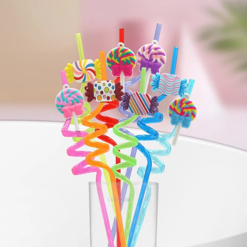 12pcs Reusable Lollipop Candy Themed Beverage Plastic Straws, 10.24 Inch Crazy Spiral Straws for Kids Birthday Party Gifts