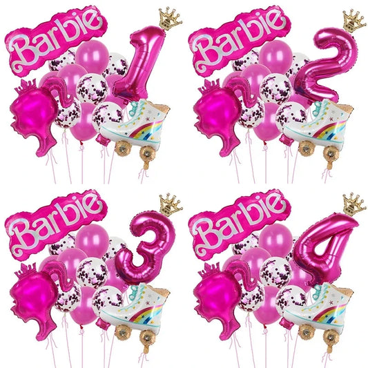 15pcs Pink Barbie Doll Theme High Heels Balloon Set Barbie Girls 1-9 Digital Birthday Aluminum Balloon Party Decoration Supplies