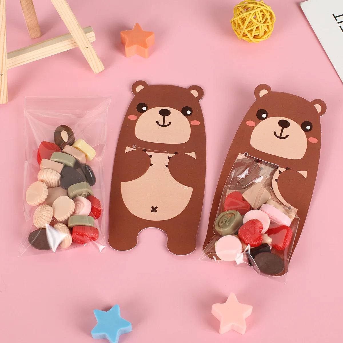 1pack Cartoon Bear Candy Bags Cute Bear Cookie Boxes for Kids Bear Birthday Party Decorations DIY Baking Packaging Gift Supplies