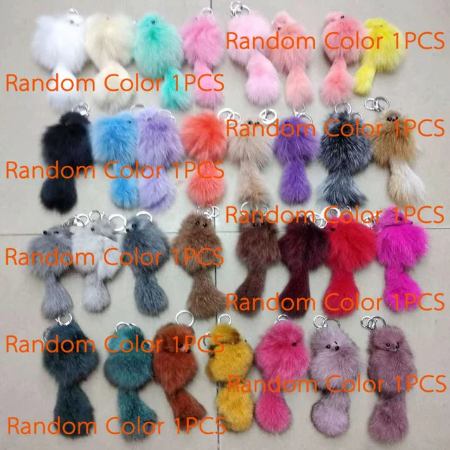 16CM Fluffy Natural Real Fur Fox Key Chain Women Cute Girls Plush Pompon Animal Keychain On Bag Car Trinket Party Gift