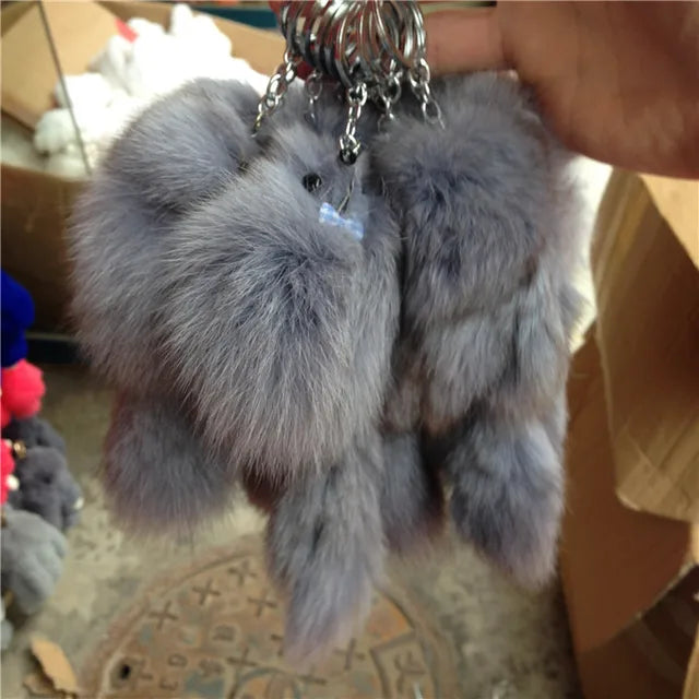 16CM Fluffy Natural Real Fur Fox Key Chain Women Cute Girls Plush Pompon Animal Keychain On Bag Car Trinket Party Gift