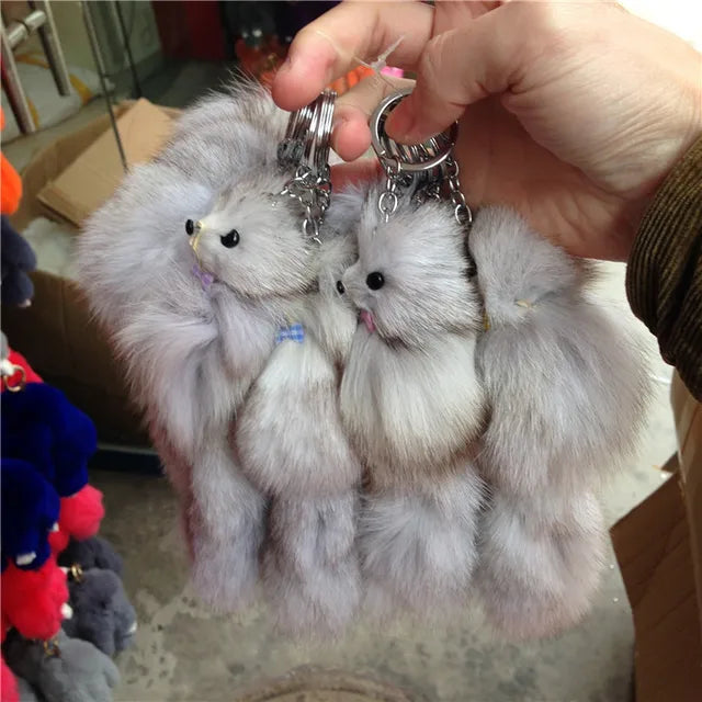 16CM Fluffy Natural Real Fur Fox Key Chain Women Cute Girls Plush Pompon Animal Keychain On Bag Car Trinket Party Gift