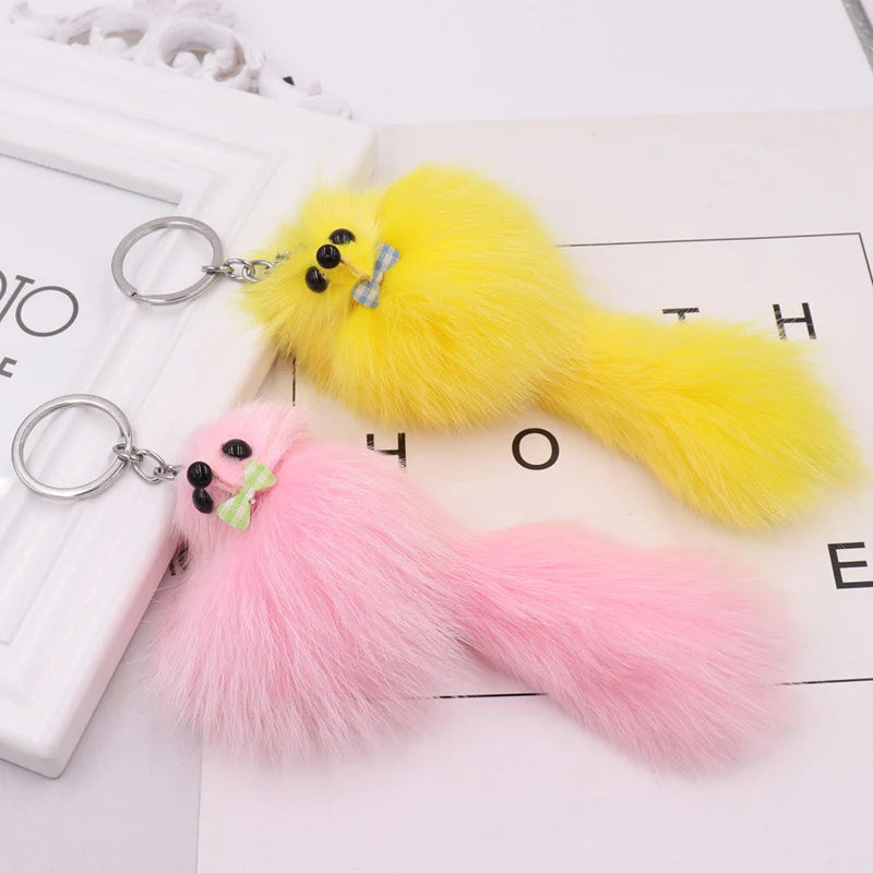 16CM Fluffy Natural Real Fur Fox Key Chain Women Cute Girls Plush Pompon Animal Keychain On Bag Car Trinket Party Gift