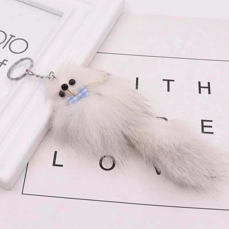 16CM Fluffy Natural Real Fur Fox Key Chain Women Cute Girls Plush Pompon Animal Keychain On Bag Car Trinket Party Gift