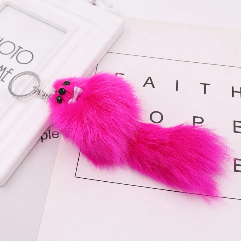 16CM Fluffy Natural Real Fur Fox Key Chain Women Cute Girls Plush Pompon Animal Keychain On Bag Car Trinket Party Gift