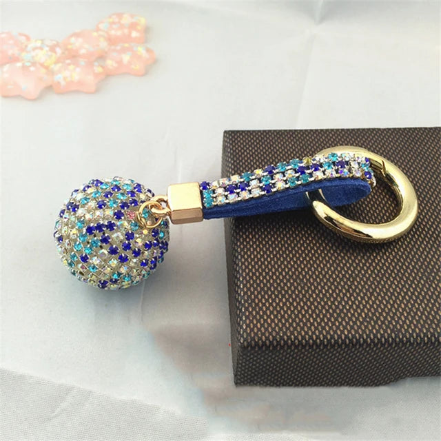 1PC Crystal Round Ball Keychain Female Stylish Portable Full Rhinestone Leather Strass Lanyard Bag Charms Pendant Car Key Ring