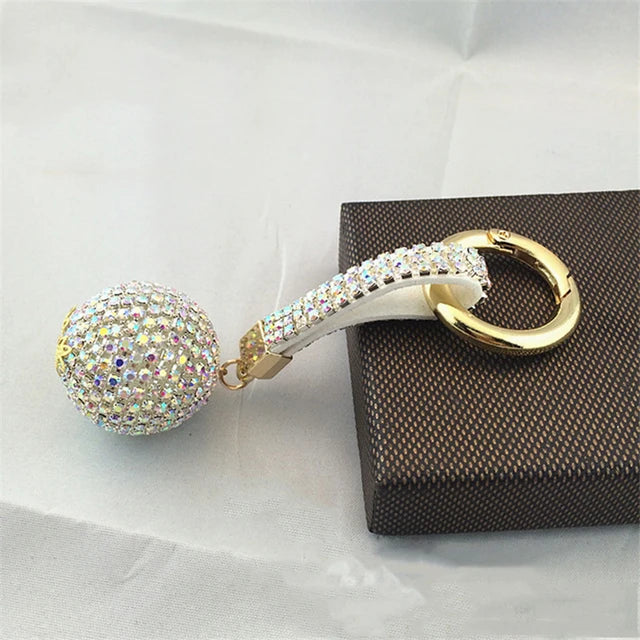 1PC Crystal Round Ball Keychain Female Stylish Portable Full Rhinestone Leather Strass Lanyard Bag Charms Pendant Car Key Ring