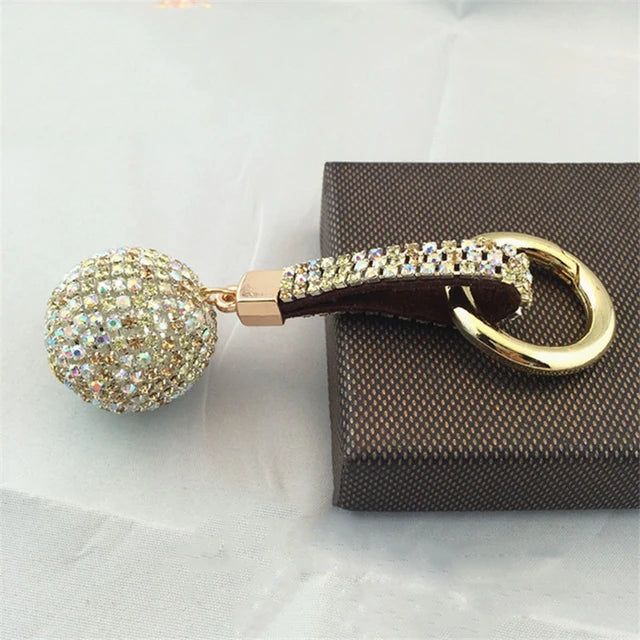 1PC Crystal Round Ball Keychain Female Stylish Portable Full Rhinestone Leather Strass Lanyard Bag Charms Pendant Car Key Ring