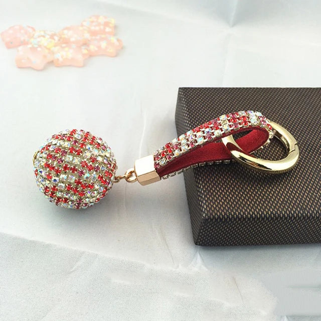 1PC Crystal Round Ball Keychain Female Stylish Portable Full Rhinestone Leather Strass Lanyard Bag Charms Pendant Car Key Ring