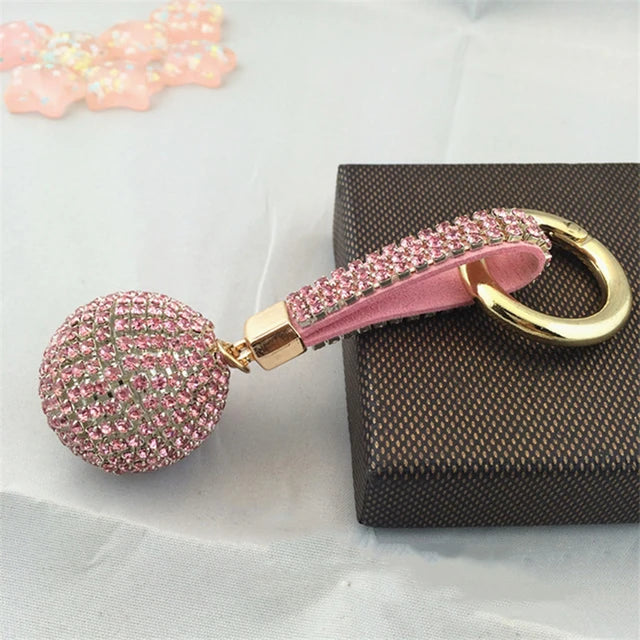 1PC Crystal Round Ball Keychain Female Stylish Portable Full Rhinestone Leather Strass Lanyard Bag Charms Pendant Car Key Ring