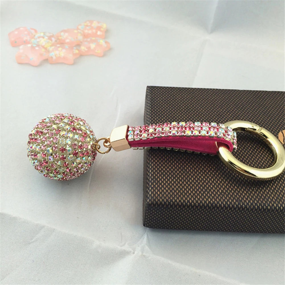 1PC Crystal Round Ball Keychain Female Stylish Portable Full Rhinestone Leather Strass Lanyard Bag Charms Pendant Car Key Ring