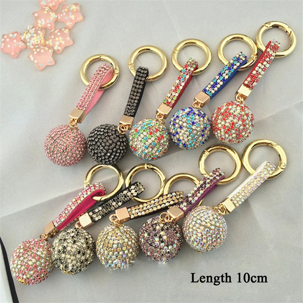 1PC Crystal Round Ball Keychain Female Stylish Portable Full Rhinestone Leather Strass Lanyard Bag Charms Pendant Car Key Ring