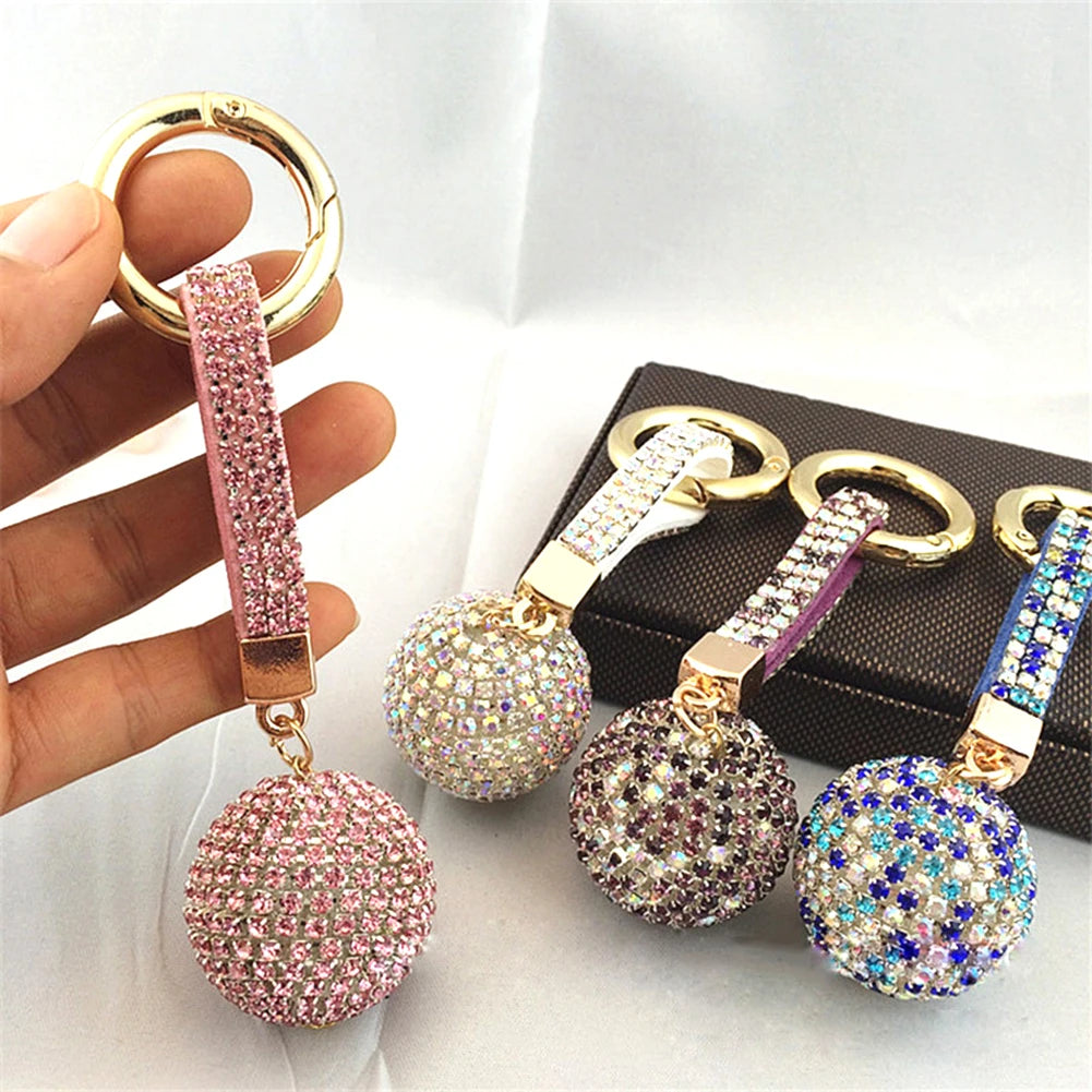 1PC Crystal Round Ball Keychain Female Stylish Portable Full Rhinestone Leather Strass Lanyard Bag Charms Pendant Car Key Ring