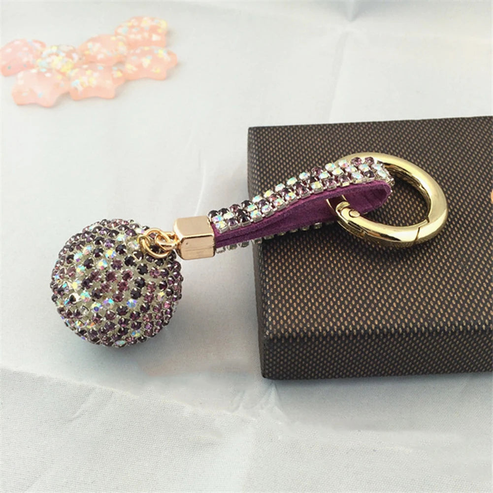 1PC Crystal Round Ball Keychain Female Stylish Portable Full Rhinestone Leather Strass Lanyard Bag Charms Pendant Car Key Ring