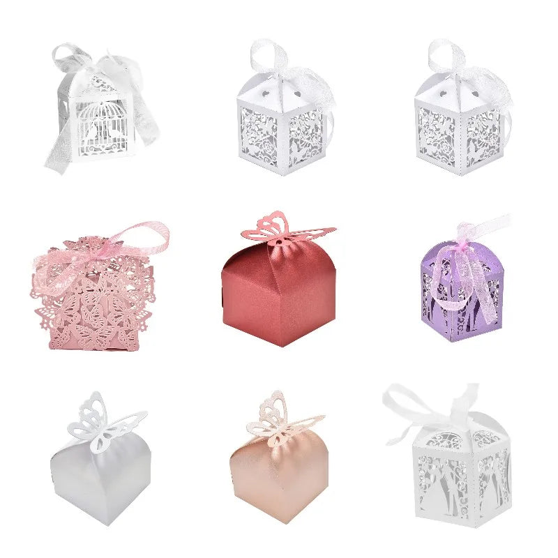 2023 10Pcs Couple Design Luxury Lase Cut Wedding Sweets Candy Gift Favour Boxes with Ribbon Table Decorations Favor candy Box