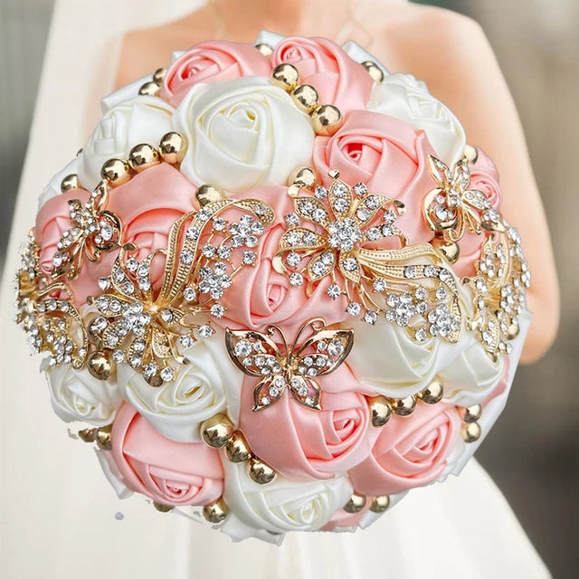 1pc/lot  Pink and White Bridal And Bridesmaid Bouquets Rhinestones Silk Roses And Pearls Handmade Sisters Wedding Bouquets